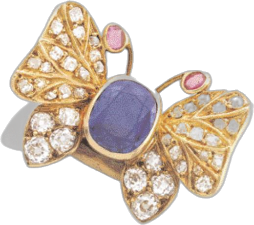 Butterfly earrings / brooch in yellow gold, set with sapphires and diamonds. (Private collection)