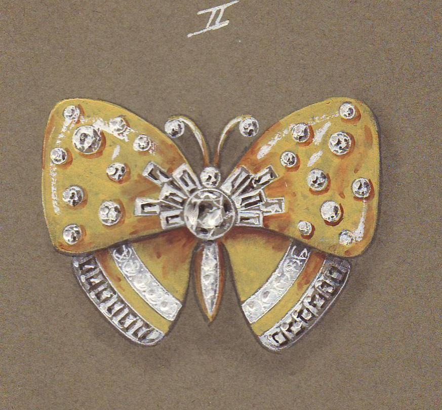Projet original (gouache) d’une broche Papillon en or jaune et diamants. (Archives Olivier Baroin) Projet original (gouache) d’une broche Papillon en or jaune et diamants. (Archives Olivier Baroin)