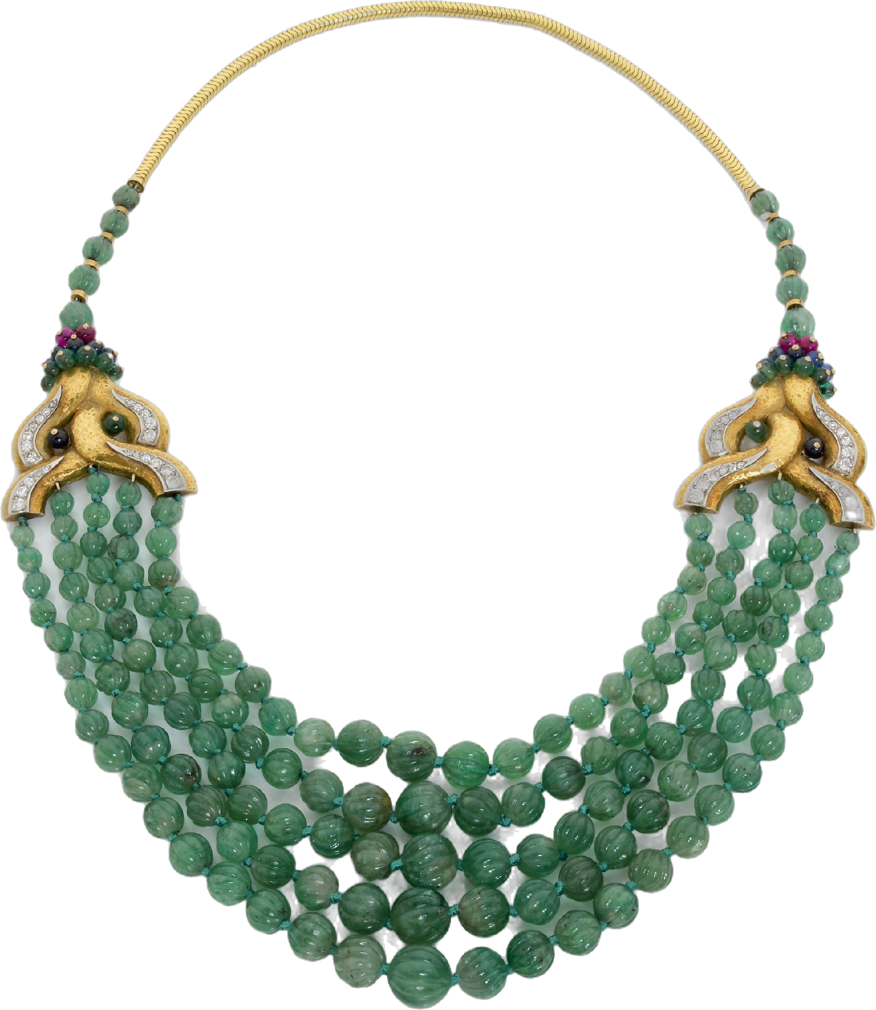 Collier « Art déco dans le goût des Indes » en or blanc, platine, diamants, émeraudes et rubis. (Tajan) Collier « Art déco dans le goût des Indes » en or blanc, platine, diamants, émeraudes et rubis. (Tajan)