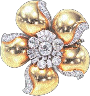 Flower brooch with yellow gold petals, platinum and diamonds, the centre enhanced with old-cut and baguette diamonds. (Christie’s)