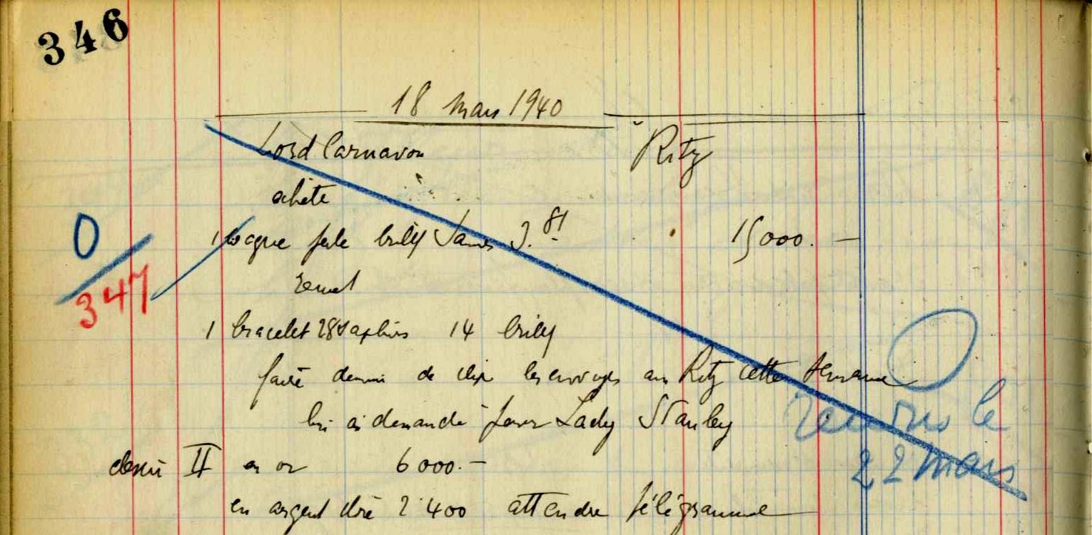 Extrait du registre de la maison, 18 mars 1940 : commande de Lord Carnarvon. (Archives Olivier Baroin) Extrait du registre de la maison, 18 mars 1940 : commande de Lord Carnarvon. (Archives Olivier Baroin)