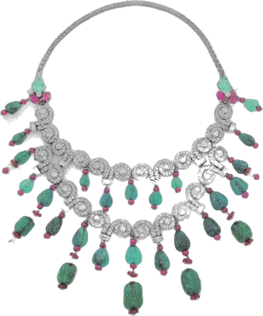 “Art Deco in the Indian taste” necklace in white gold, platinum, diamonds, emeralds and rubies. (Tajan)
